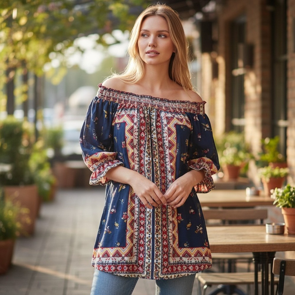 Soulmates Navy Floral Geometric Smocked Off Shoulder Mini dress 81GF0275 Medium